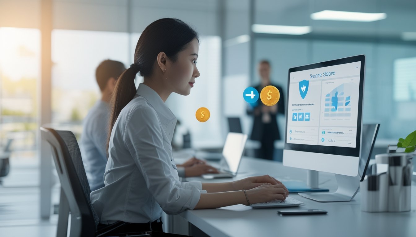 Pengguna meninjau platform digital yang aman dengan simbol perlindungan dan dukungan layanan.