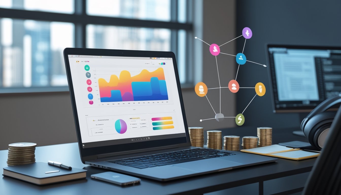 Meja kerja modern dengan laptop berisi grafik abstrak, ponsel, kalkulator, koin, dan diagram jaringan.