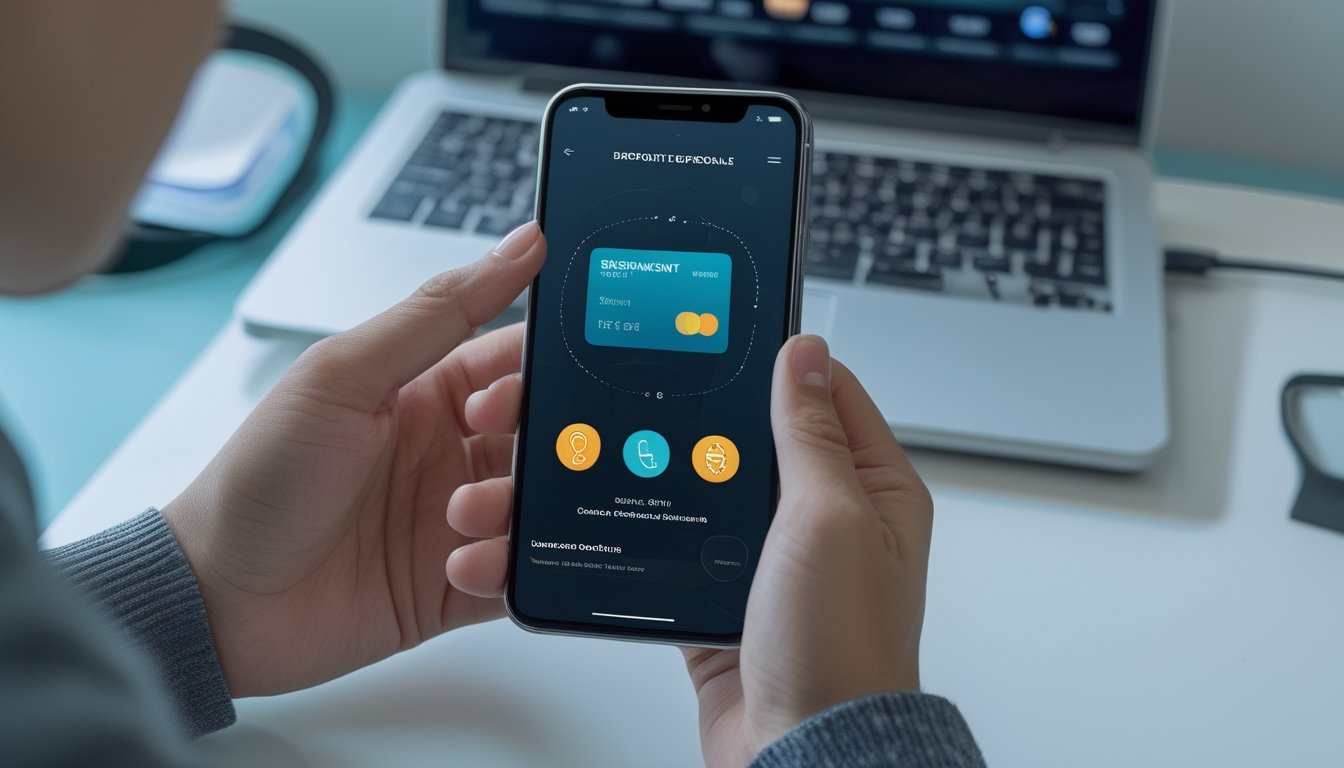 Seseorang menggunakan ponsel untuk melakukan pembayaran melalui dompet digital di meja kerja modern.