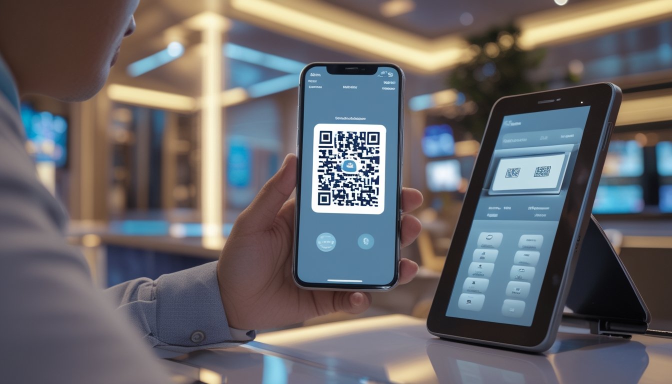 Seseorang memindai kode QR menggunakan ponsel di meja pembayaran modern.