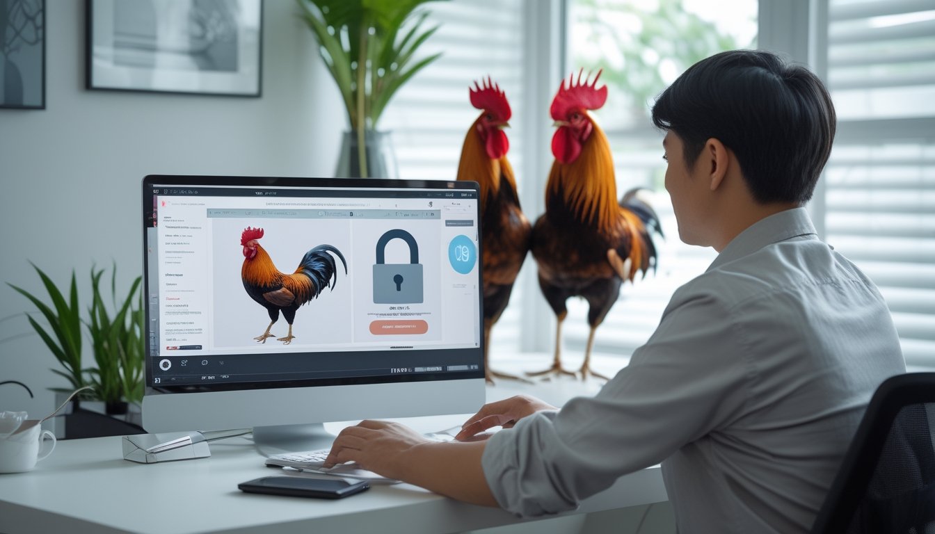 Seseorang menggunakan laptop dan ponsel untuk membuat akun layanan daring, dengan foto ayam jantan sebagai elemen latar.