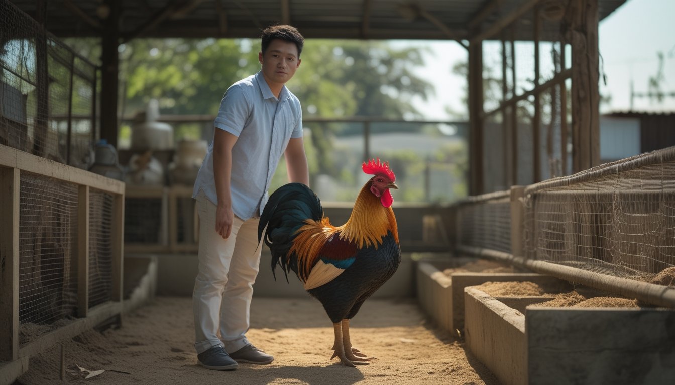 Seorang pemula mengamati ayam jantan sehat di kandang peternakan yang bersih.