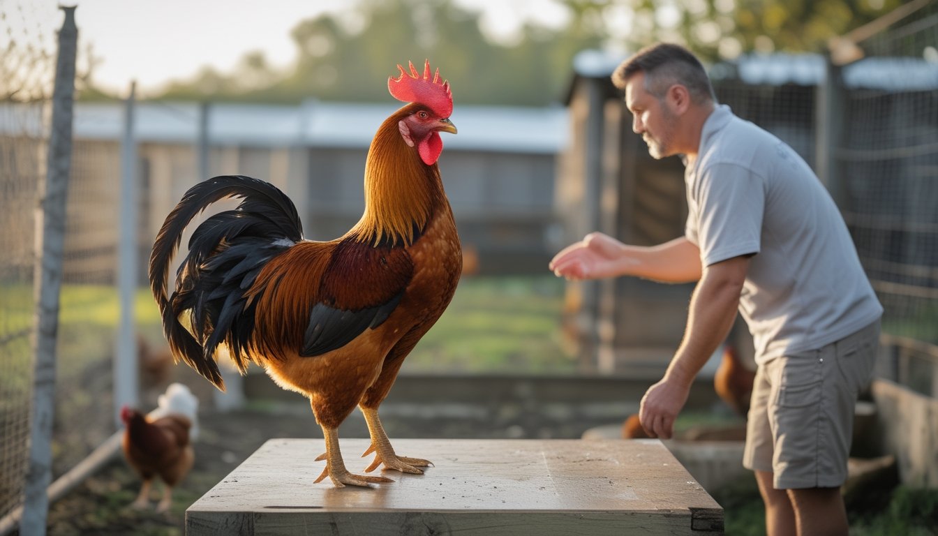 Seorang pemula mengamati ayam jantan sehat bersama peternak di lingkungan peternakan yang bersih.