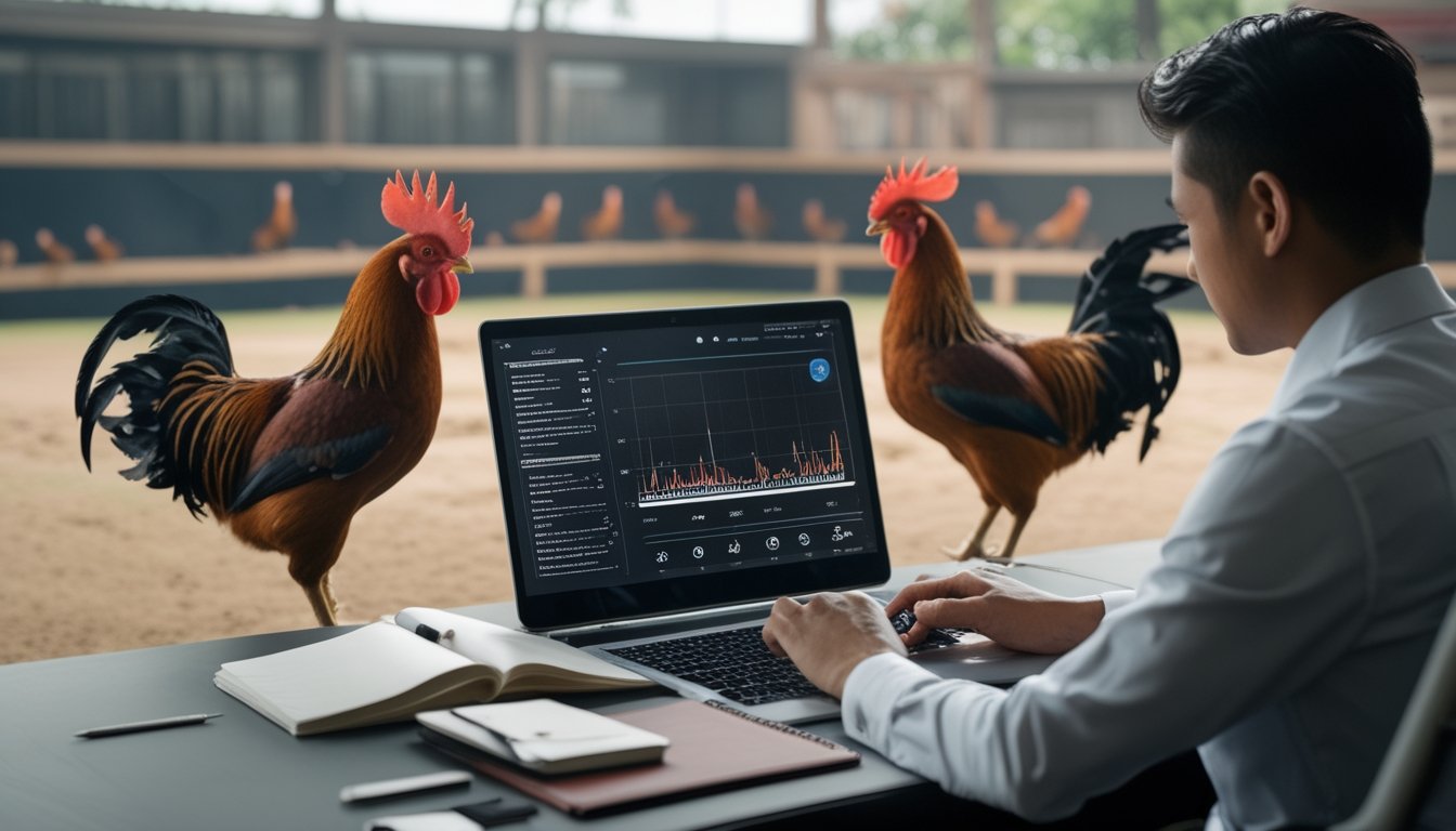 Seorang analis mempelajari data pertandingan melalui laptop dan tablet, dengan dua ayam jantan berada di kandang terpisah di latar belakang.