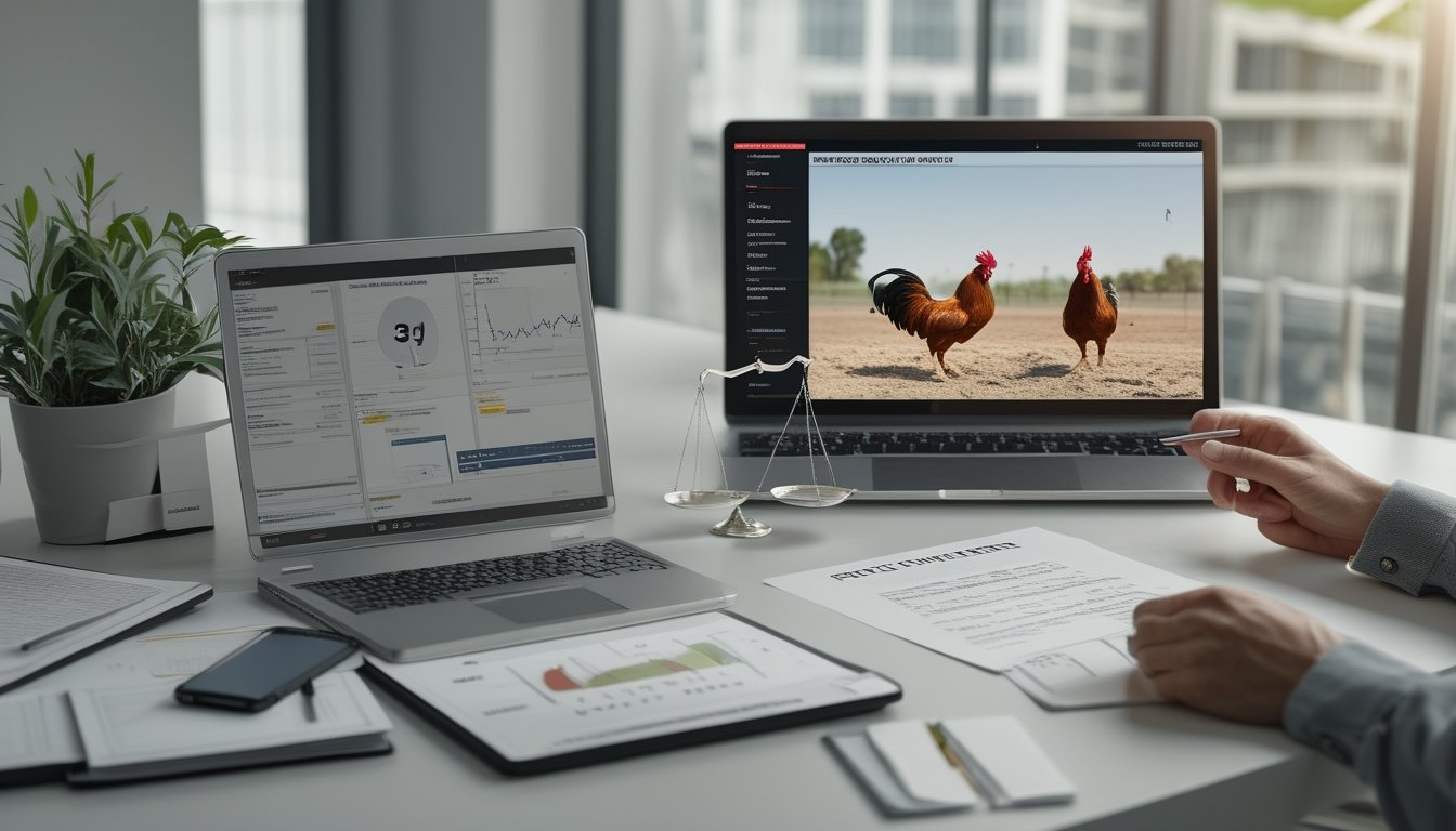 Meja kerja dengan dokumen hukum, laptop berisi siaran pertandingan ayam yang diburamkan, serta catatan analisis.