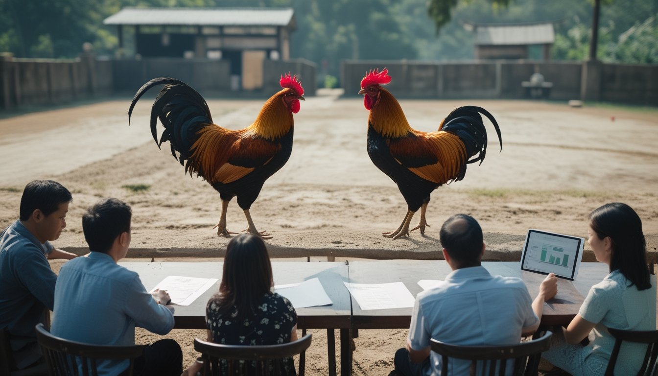 Orang dewasa membahas statistik sambil mengamati dua ayam jantan di arena terbuka yang aman.
