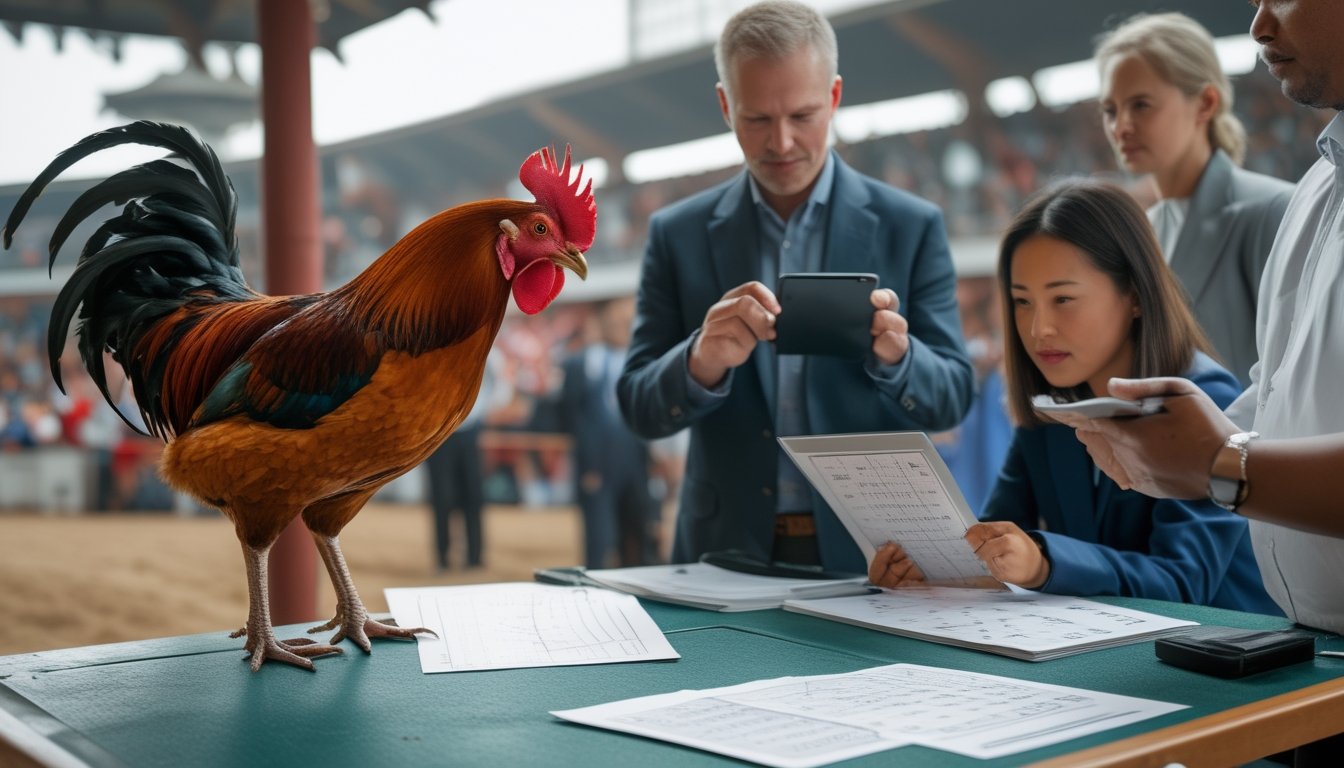 Orang dewasa menganalisis grafik peluang dalam suasana arena sabung ayam yang aman dan tidak menggunakan kekerasan.