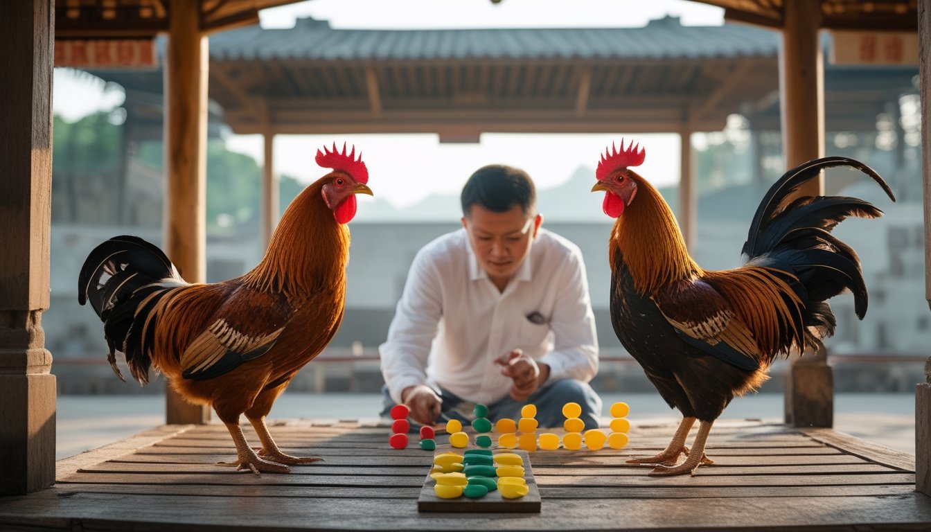 Dua ayam jantan berdiri tenang di arena tradisional sementara seseorang mengamati penanda untuk membandingkan peluang kemenangan.