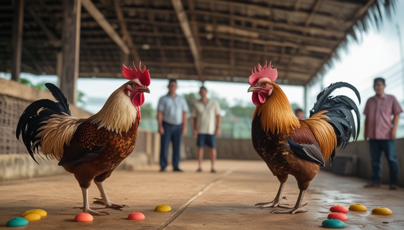 Dua ayam jantan dan beberapa orang mengamati penanda taruhan di arena tradisional.