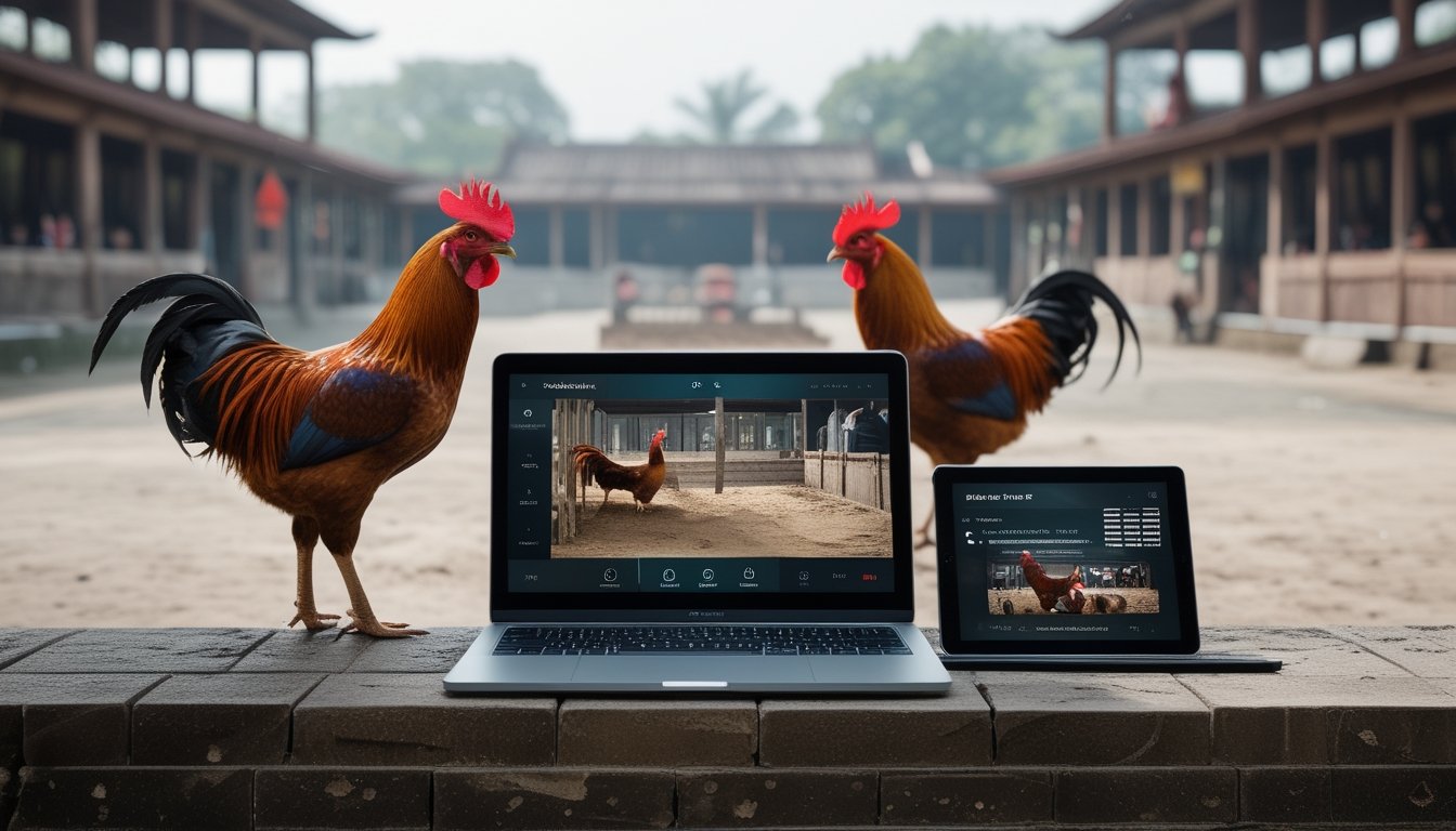 Perangkat digital menampilkan siaran langsung arena sabung ayam dengan dua ayam jantan dan penonton di latar belakang.