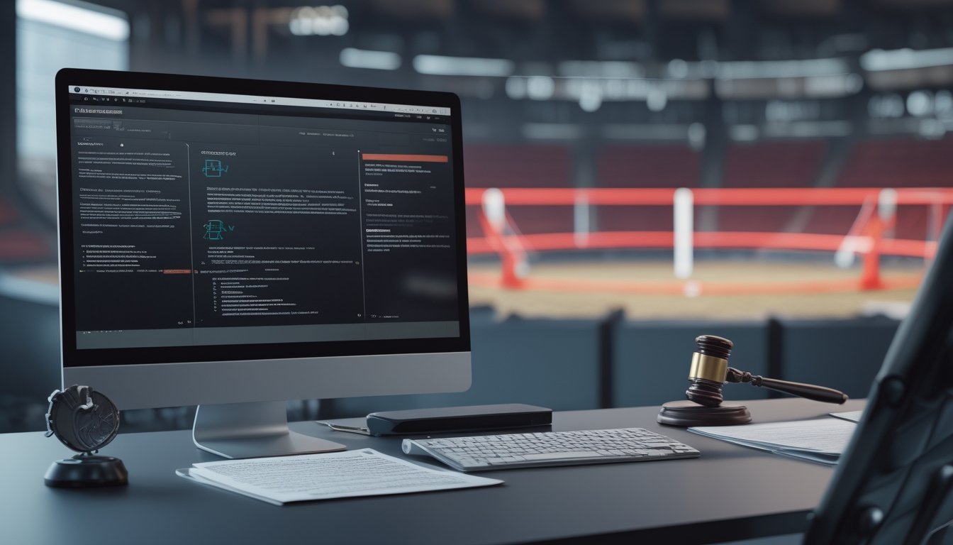 Monitor dan ponsel menampilkan siaran digital buram dengan simbol palu hukum dan tanda peringatan.