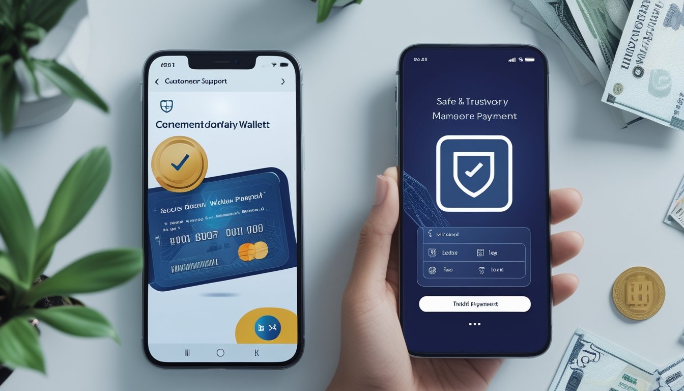Ponsel dengan simbol keamanan dan pembayaran digital di atas meja kantor modern.