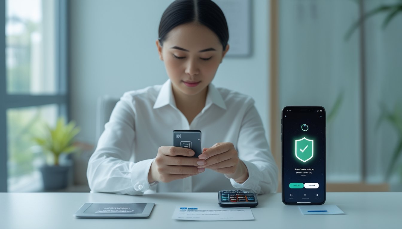 Seorang agen menggunakan ponsel untuk memeriksa transaksi deposit dengan simbol keamanan di meja kerja.