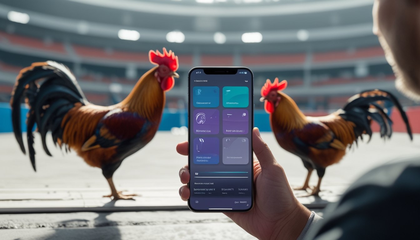 Seseorang menggunakan aplikasi ponsel modern dengan latar suasana arena tradisional dan dua ayam jantan yang dipisahkan dengan aman.