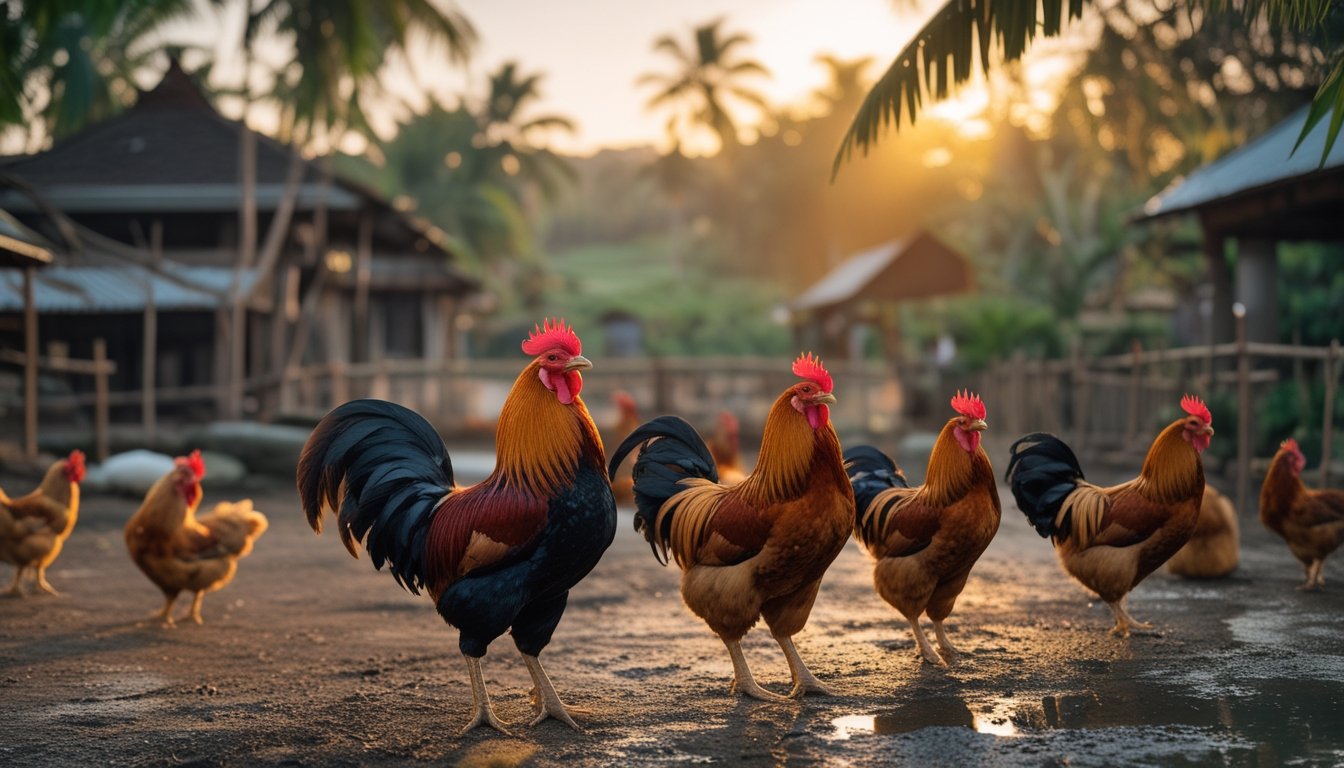 Ayam jantan dan betina berkumpul di kandang terbuka yang bersih dengan latar tanaman tropis.