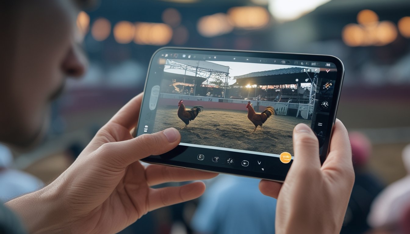 Seseorang menonton siaran langsung sabung ayam melalui smartphone dengan arena terlihat di latar belakang.