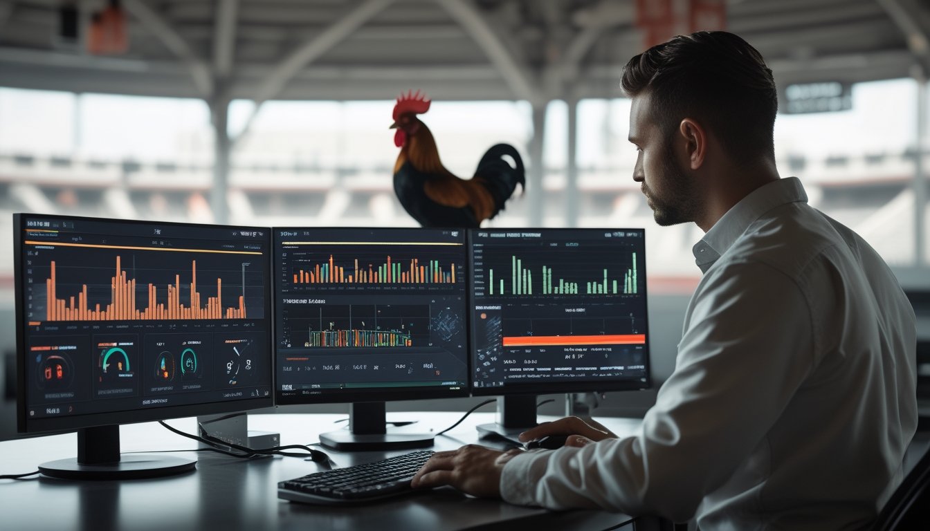 Analis data mengamati grafik statistik pertandingan ayam melalui beberapa monitor di ruang kerja modern.