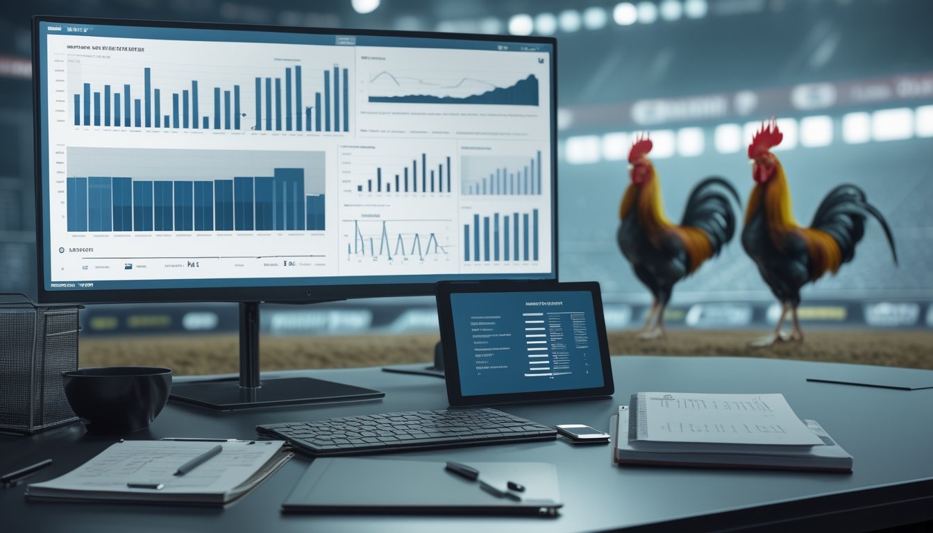 Ruang kerja analitik menampilkan grafik statistik abstrak dengan latar arena olahraga yang samar.