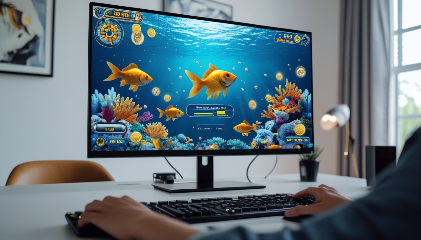 Pemain mengoperasikan permainan tembak ikan online dengan ikan emas, koin, dan efek kemenangan di layar komputer.