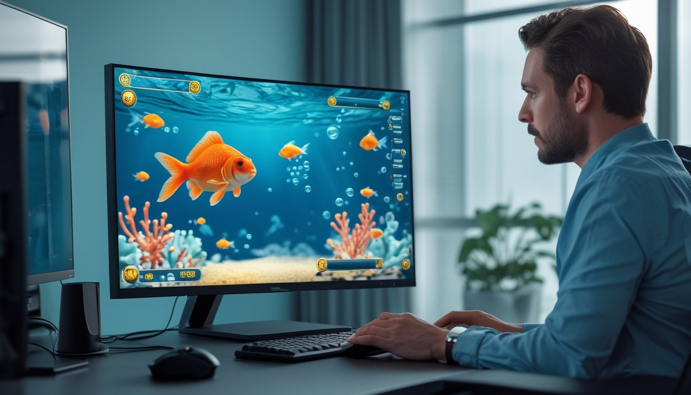 Seseorang memainkan permainan ikan digital dengan tampilan ikan mas di monitor.