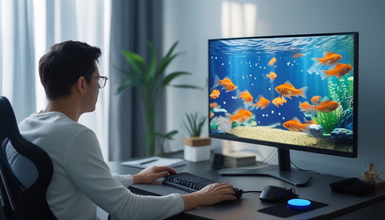 Seseorang mengamati ikan mas di layar komputer dalam suasana permainan bawah air.