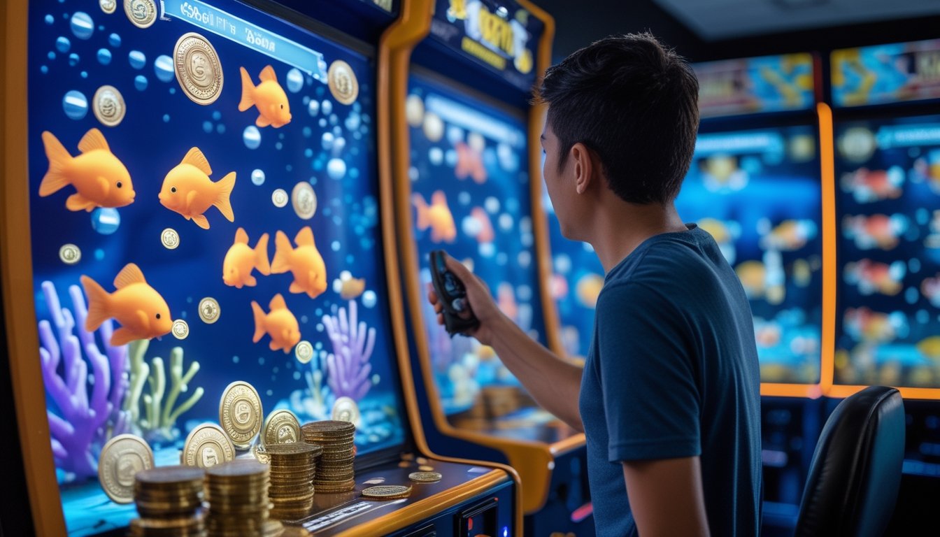 Seorang pemain mengarahkan pengontrol ke layar permainan ikan bertema bawah laut dengan koin emas di konsol.