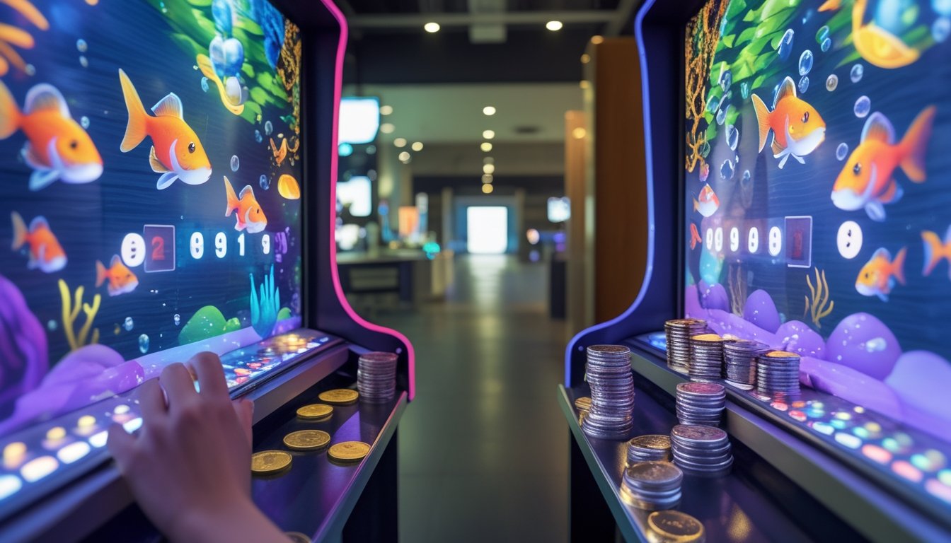 Tangan pemain mengendalikan permainan arcade bertema ikan dengan koin dan token tersusun di dekatnya.