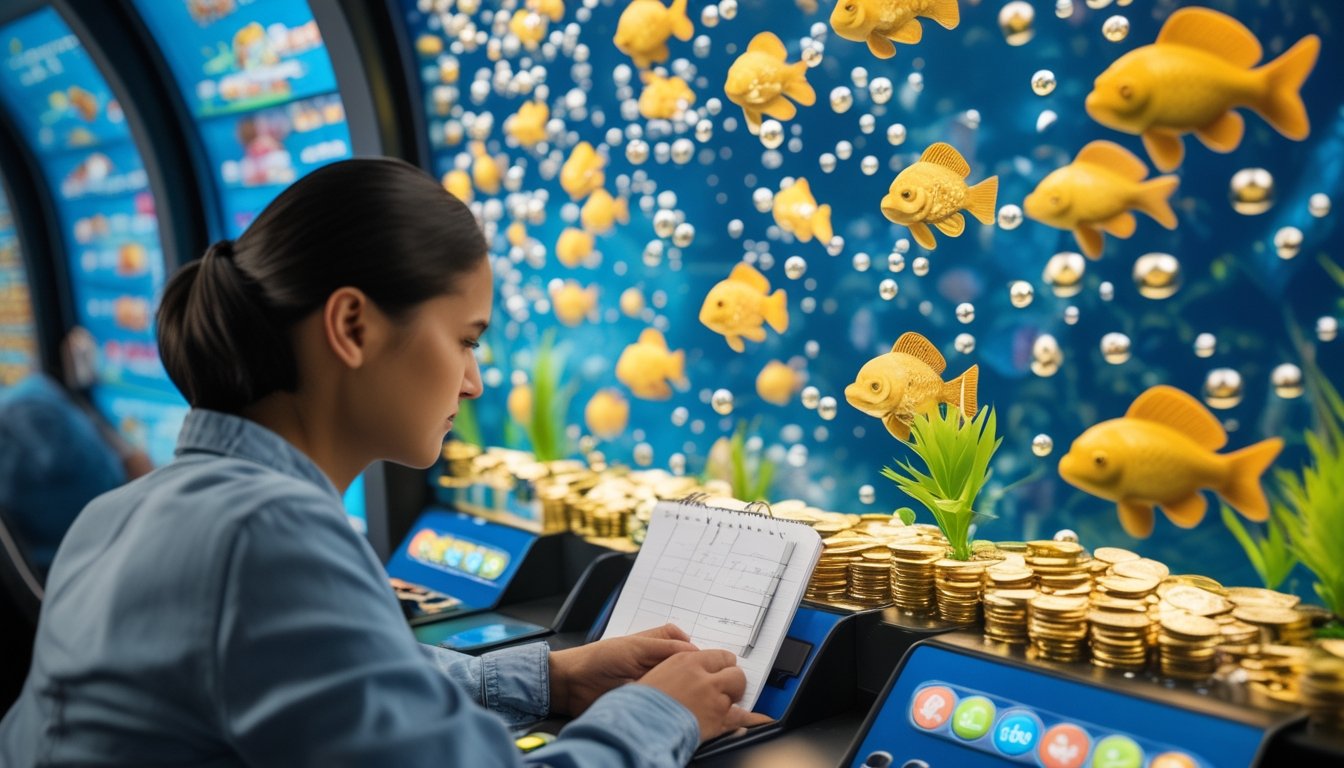 Seorang pemain mengamati permainan memancing ikan mas sambil mengatur token dan catatan di meja.
