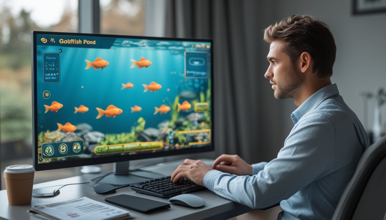 Seorang pemain menganalisis permainan memancing ikan mas di depan komputer dengan catatan dan perlengkapan pengelolaan saldo.