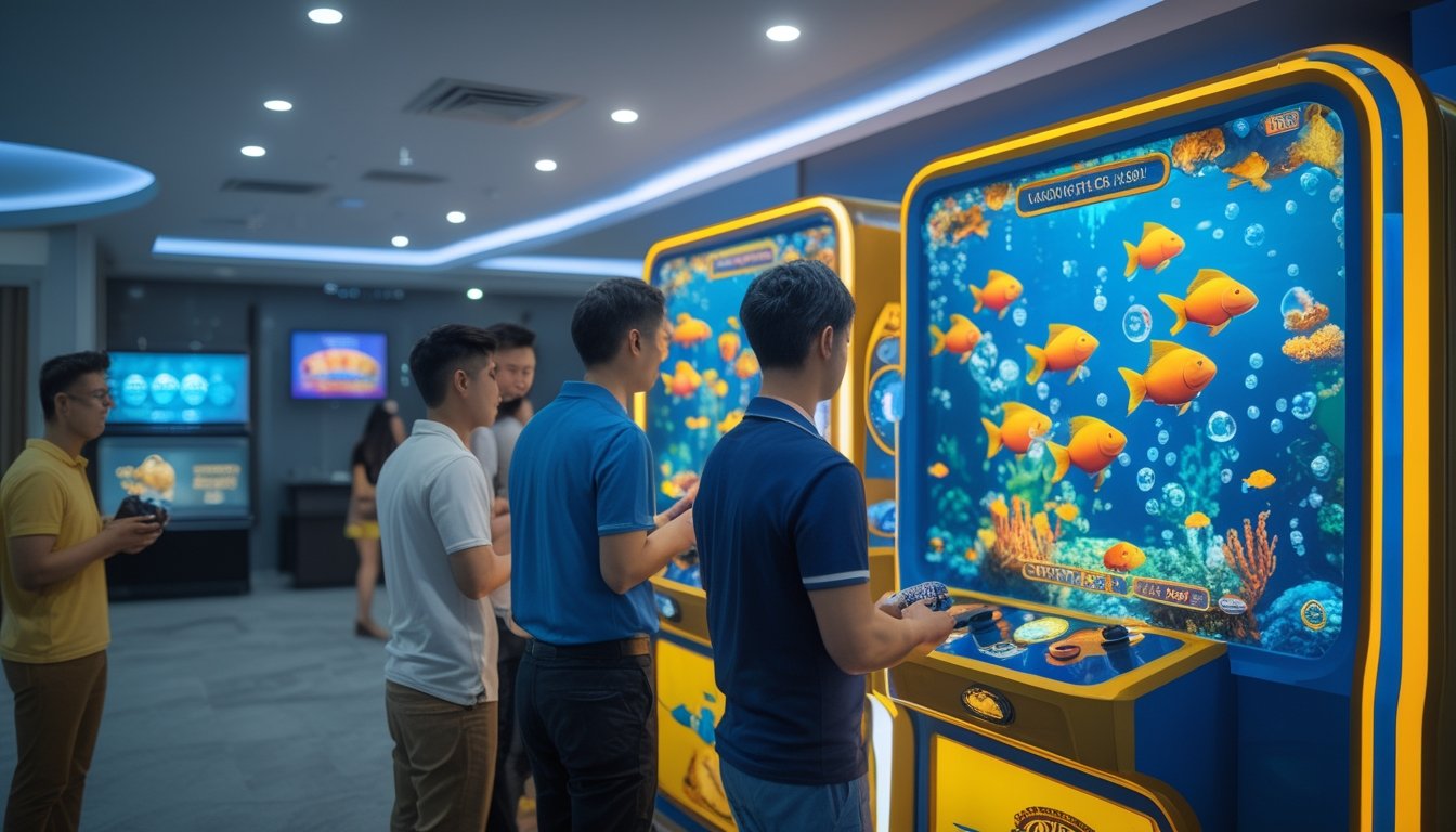 Sekelompok orang dewasa bermain permainan tembak ikan di ruang hiburan modern dengan tema bawah laut.