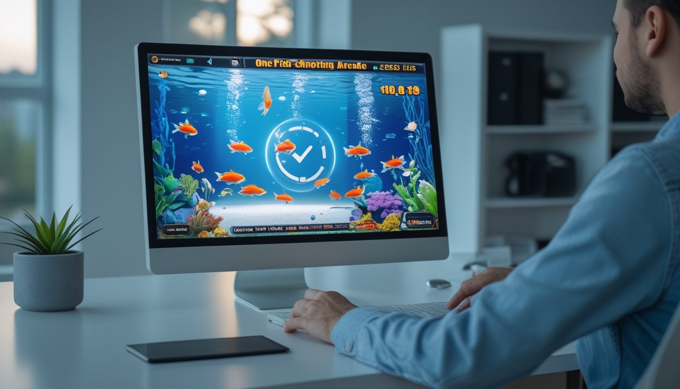 Monitor dan ponsel menampilkan permainan ikan warna-warni di meja kerja modern dengan nuansa profesional dan aman.