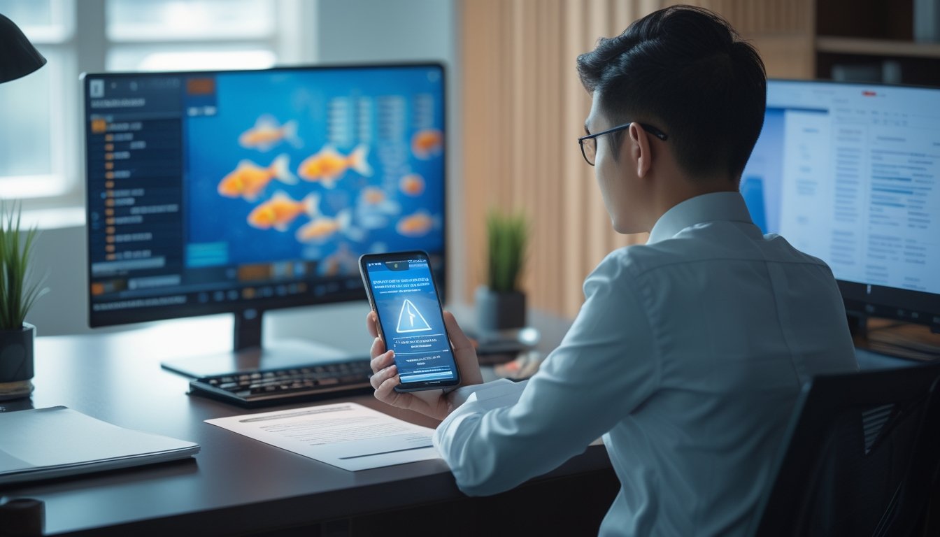 Seseorang meninjau dokumen dan perangkat digital terkait risiko serta legalitas platform judi daring.