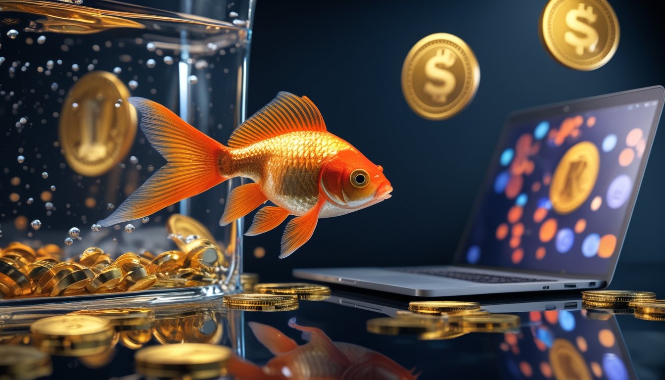 Ikan mas koki berenang di akuarium mewah dengan pantulan cahaya keemasan dan perangkat digital di sampingnya.