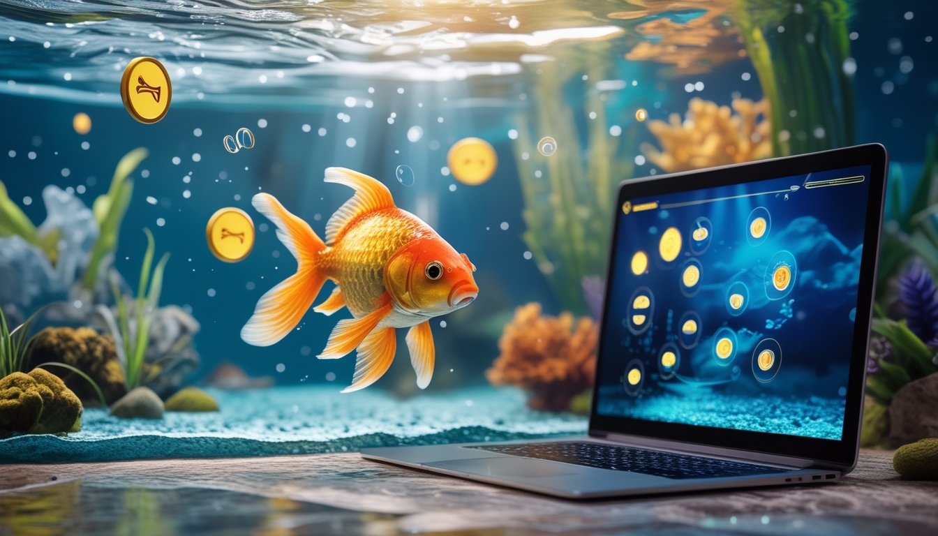 Ikan mas berenang di lingkungan bawah air dengan perangkat digital yang menampilkan visual permainan abstrak.
