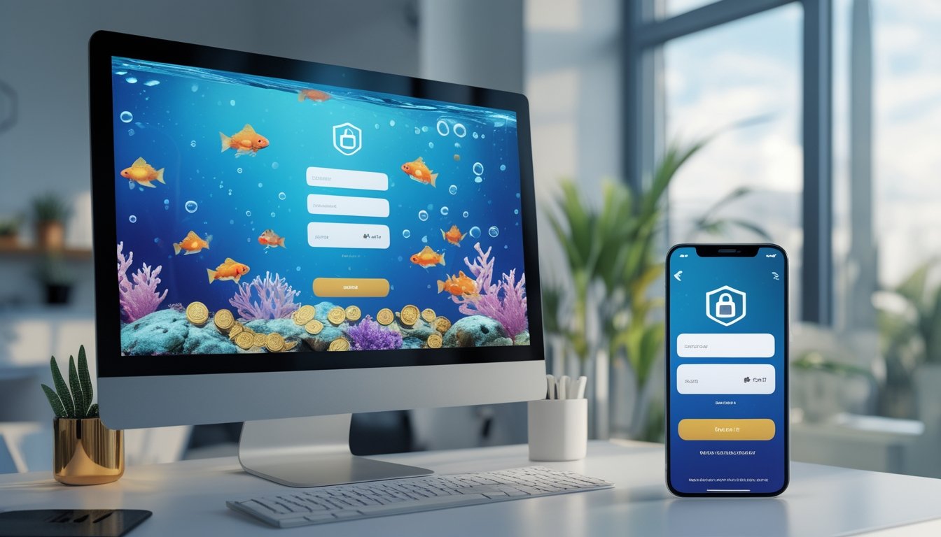 Monitor dan ponsel menampilkan permainan ikan berwarna-warni dengan simbol perisai dan gembok di meja kerja.