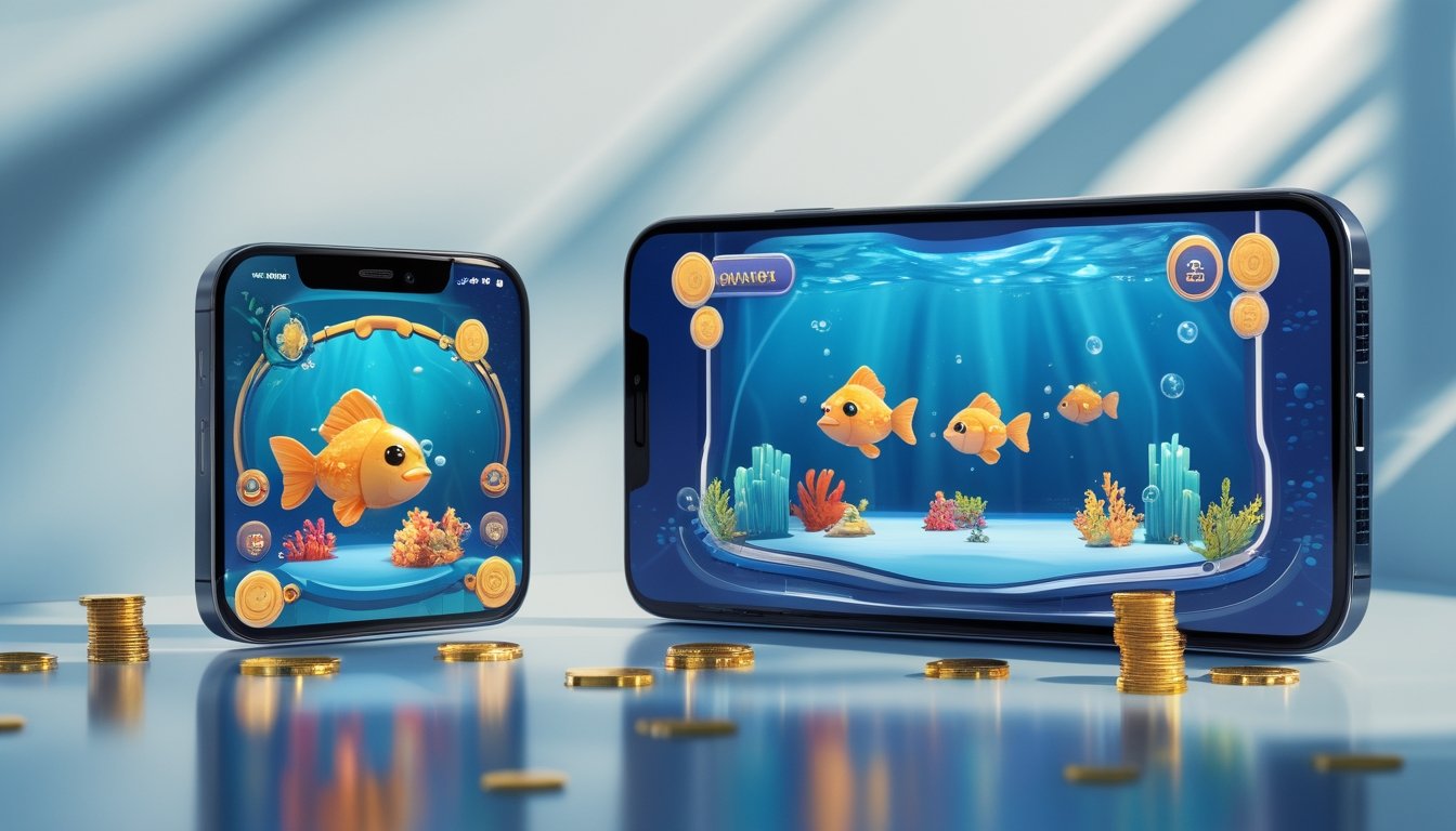 Dua ponsel menampilkan permainan menembak ikan bertema bawah laut dengan ikan mas, ikan tropis, dan koin emas.