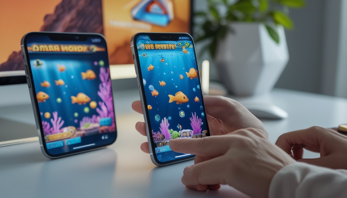 Tangan pengguna memainkan permainan ikan berwarna-warni di dua ponsel pintar.