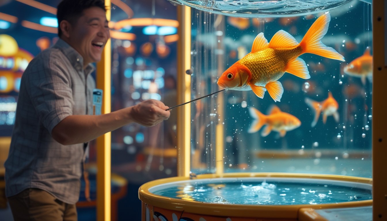 Seorang pemancing tampak gembira saat seekor ikan mas besar melompat dari tangki permainan.