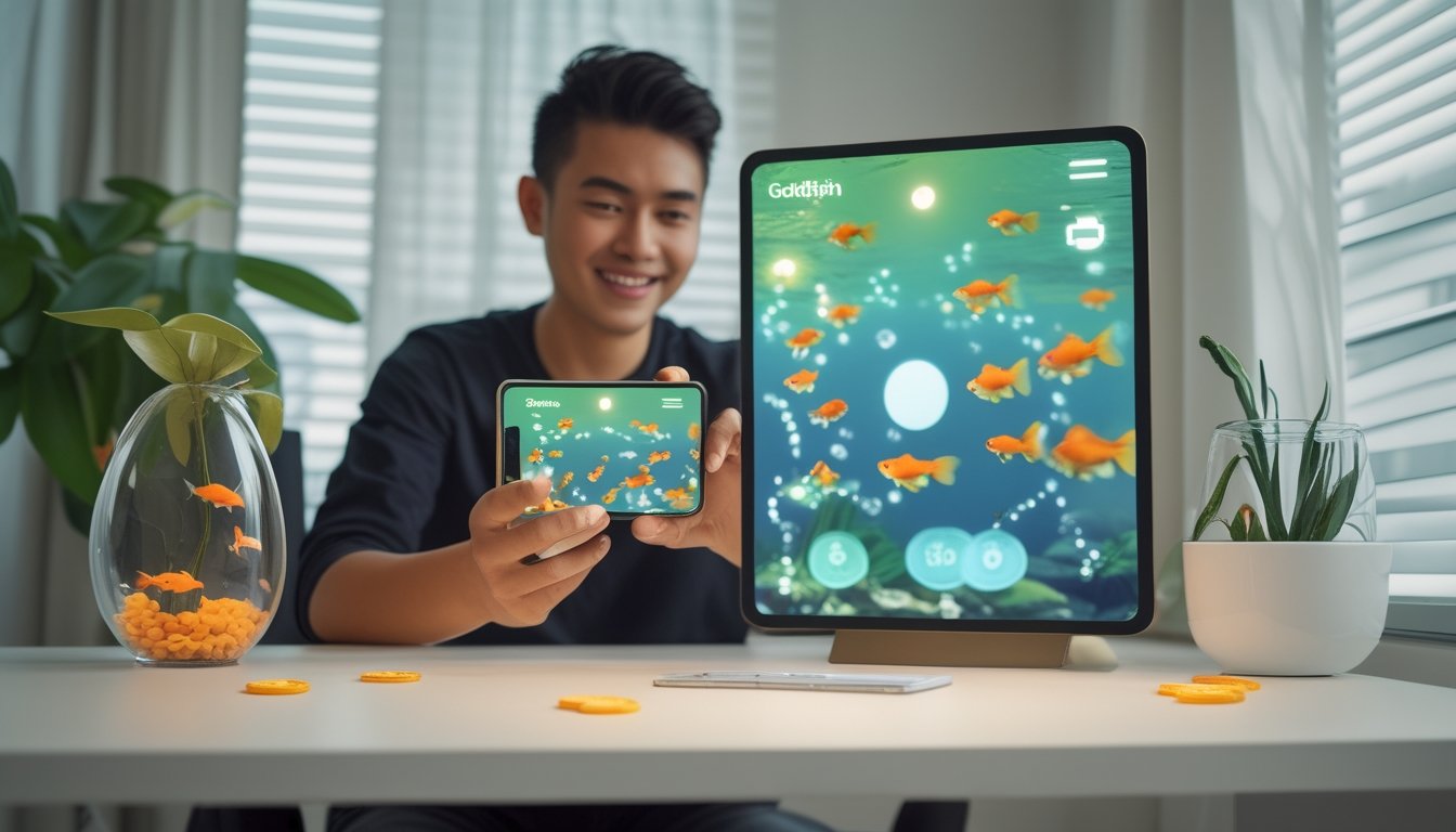 Seseorang menggunakan ponsel untuk memainkan permainan ikan mas dengan konsep pembayaran digital di meja kerja.