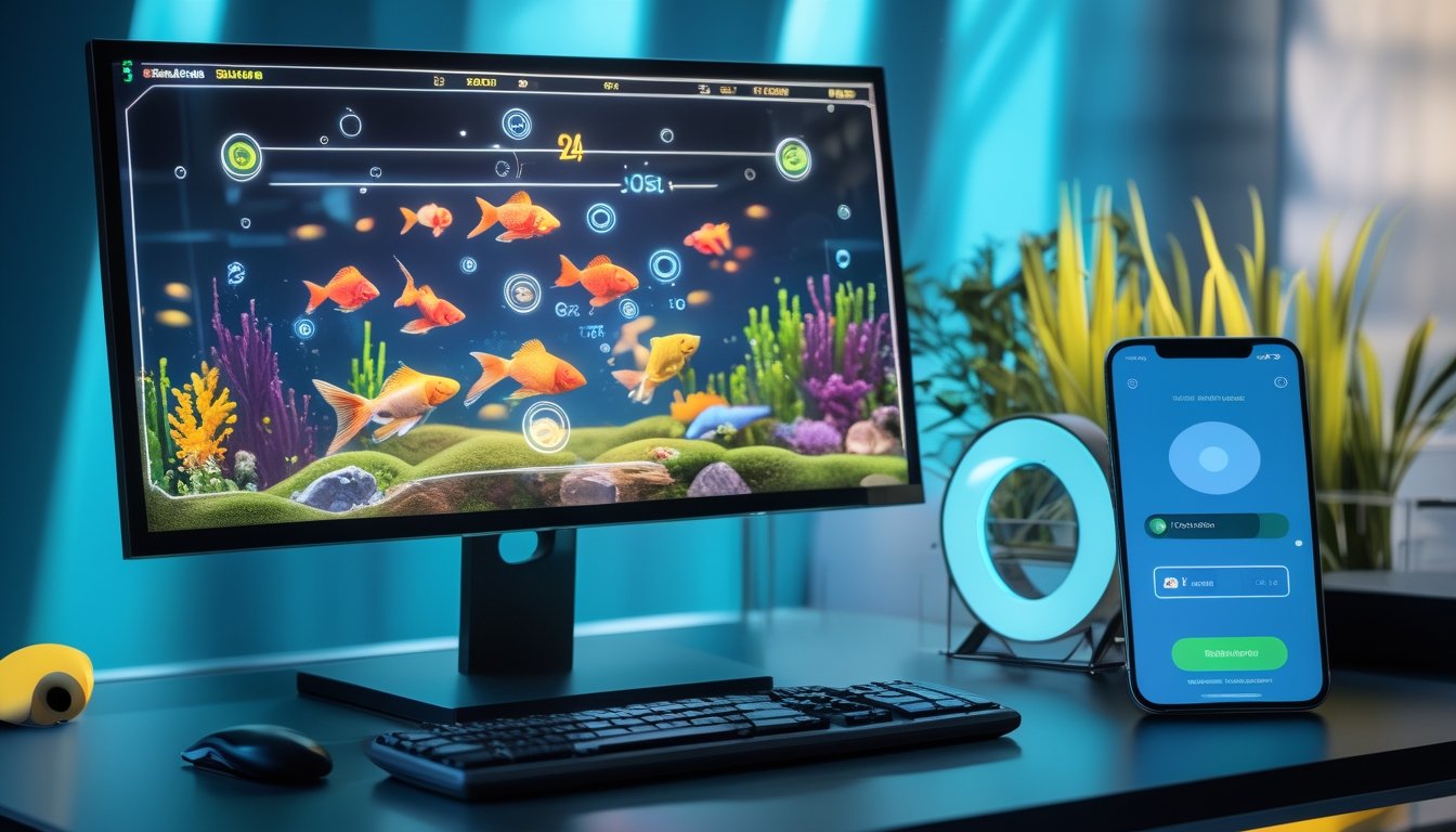 Monitor menampilkan permainan ikan berwarna-warni di bawah laut dengan ponsel berisi antarmuka dompet digital di sampingnya.