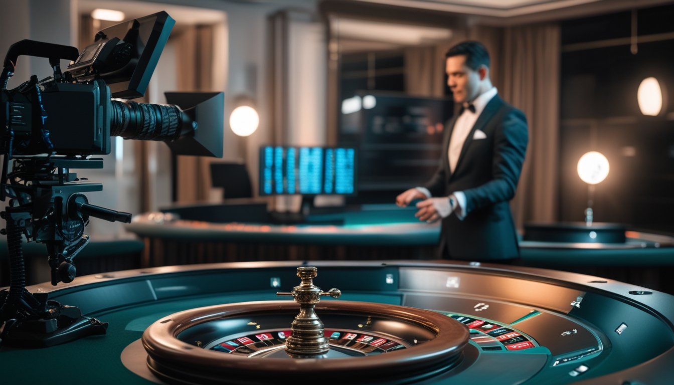 Seorang dealer memutar roda roulette di studio kasino modern dengan kamera yang menyiarkan permainan secara langsung.