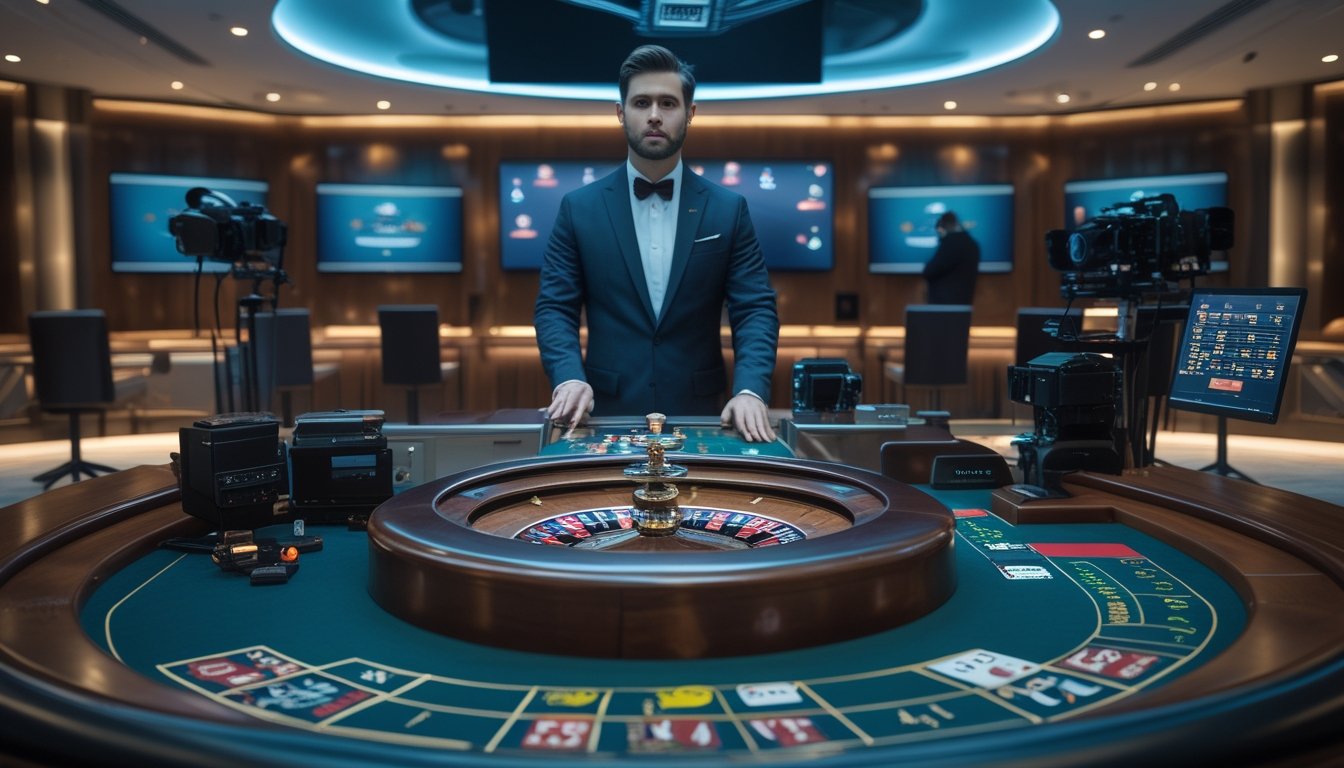 Dealer memandu permainan roulette di studio siaran langsung dengan kamera dan peralatan produksi di sekitarnya.