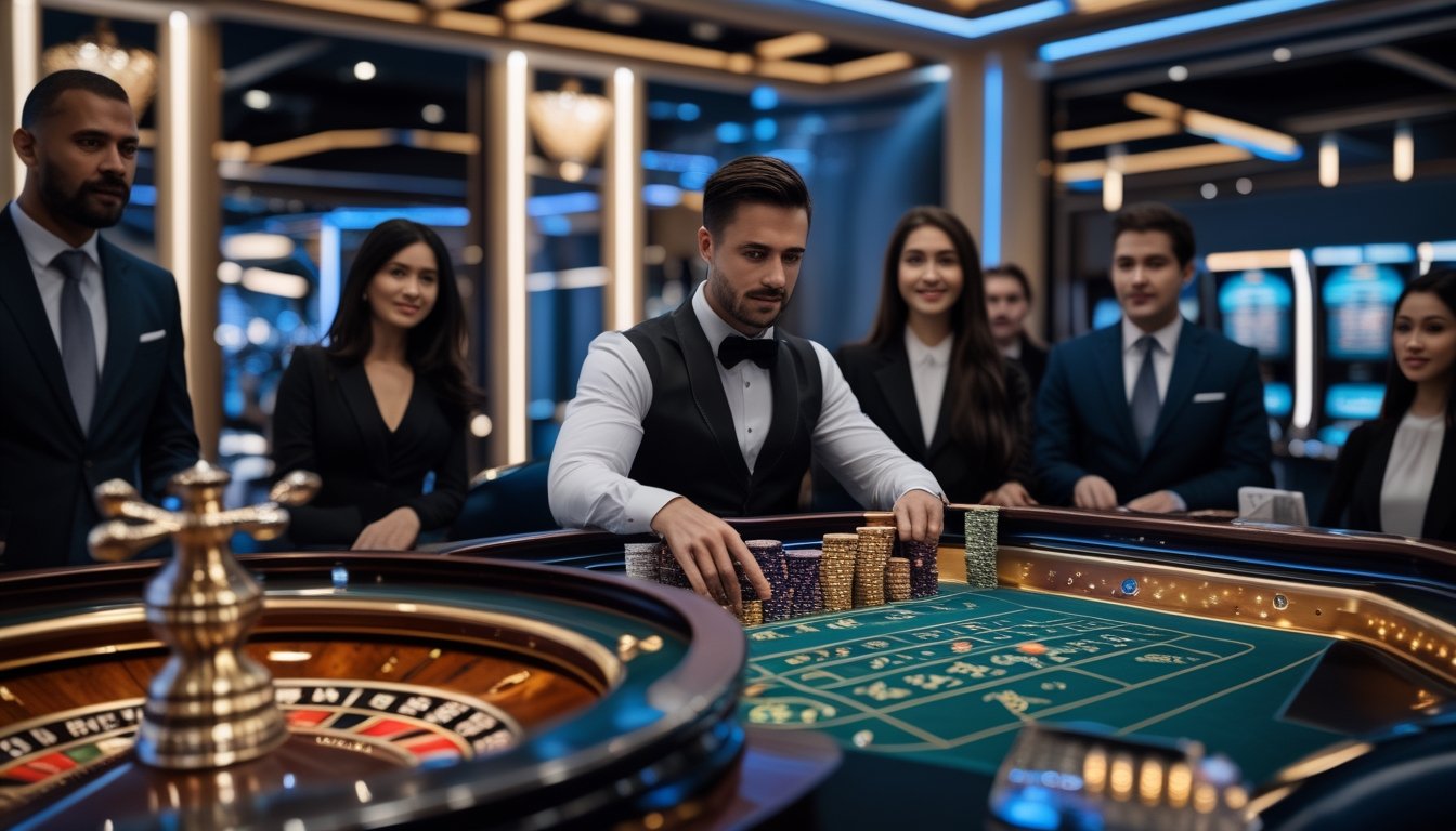Croupier dan pemain dewasa menyaksikan permainan roulette di kasino modern dengan pencahayaan elegan.