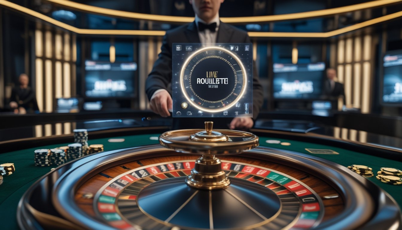 Croupier memutar roda roulette di studio kasino modern dengan chip taruhan dan indikator pengali digital.