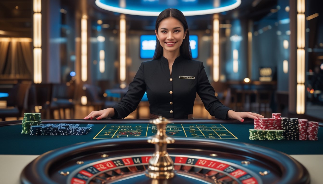 Dealer wanita berdiri di belakang meja roulette di dalam kasino.