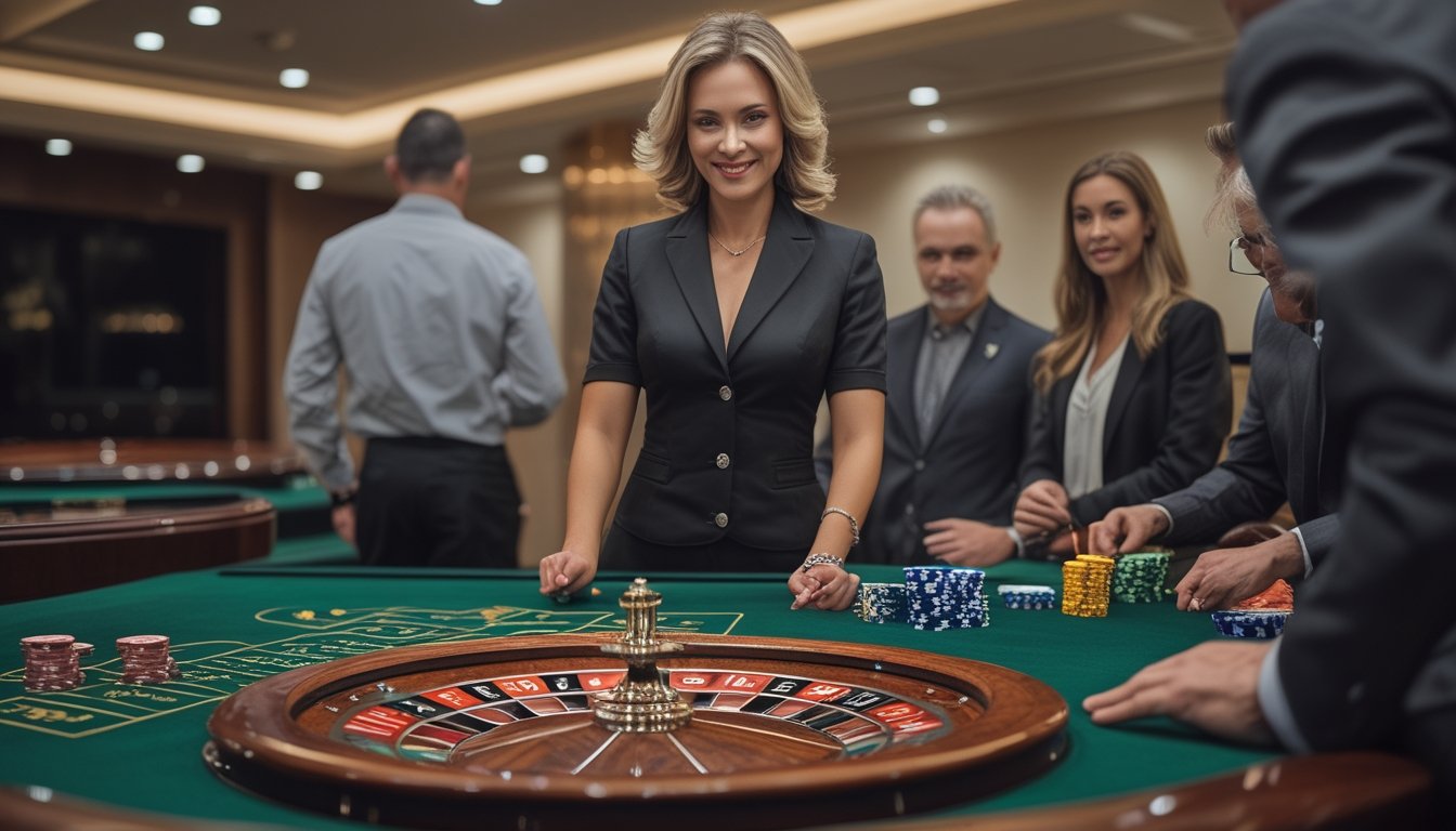 Dealer wanita memutar roda roulette sementara para pemain mengamati meja dan keping taruhan.