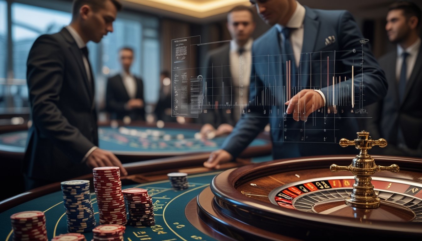 Dealer dan pemain mengamati meja roulette dengan tampilan grafik statistik abstrak di kasino modern.