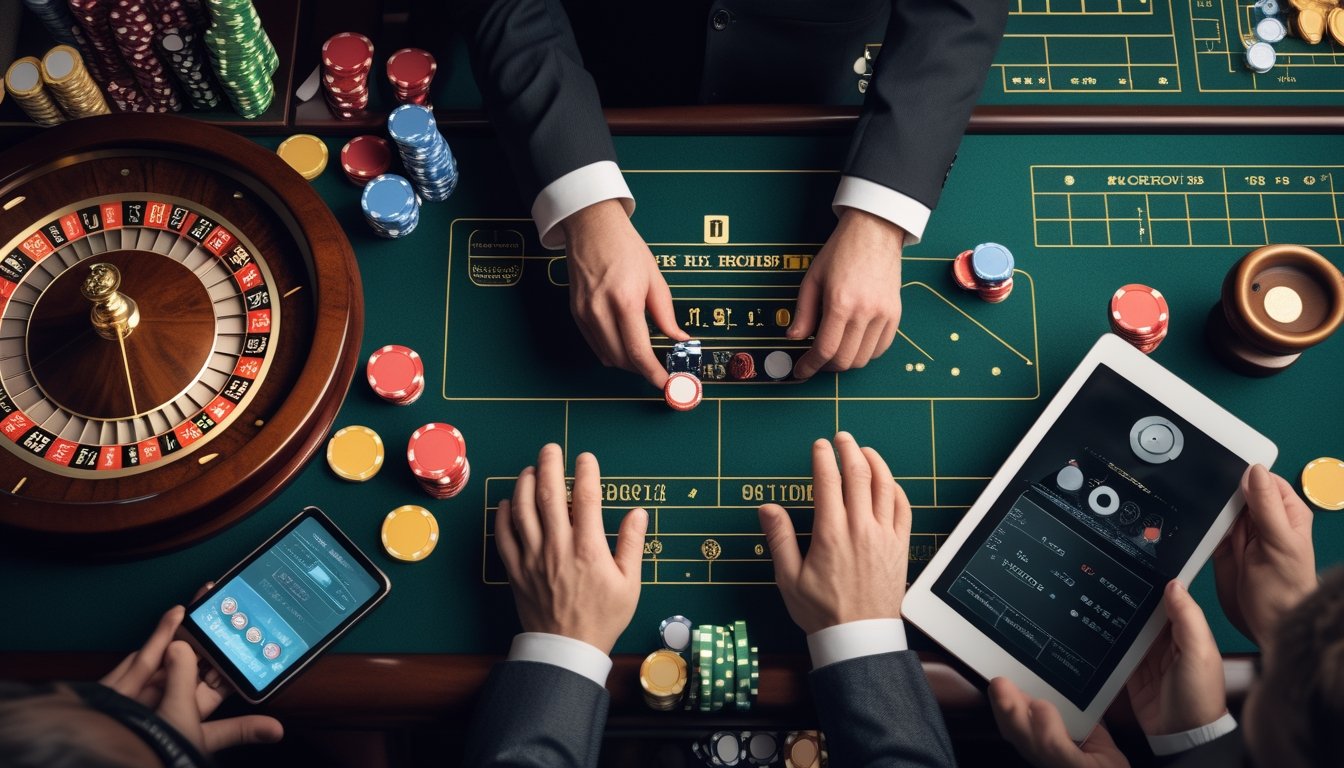 Croupier dan pemain mengamati meja roulette dengan roda, chip, serta layar berisi grafik statistik yang tidak terbaca.