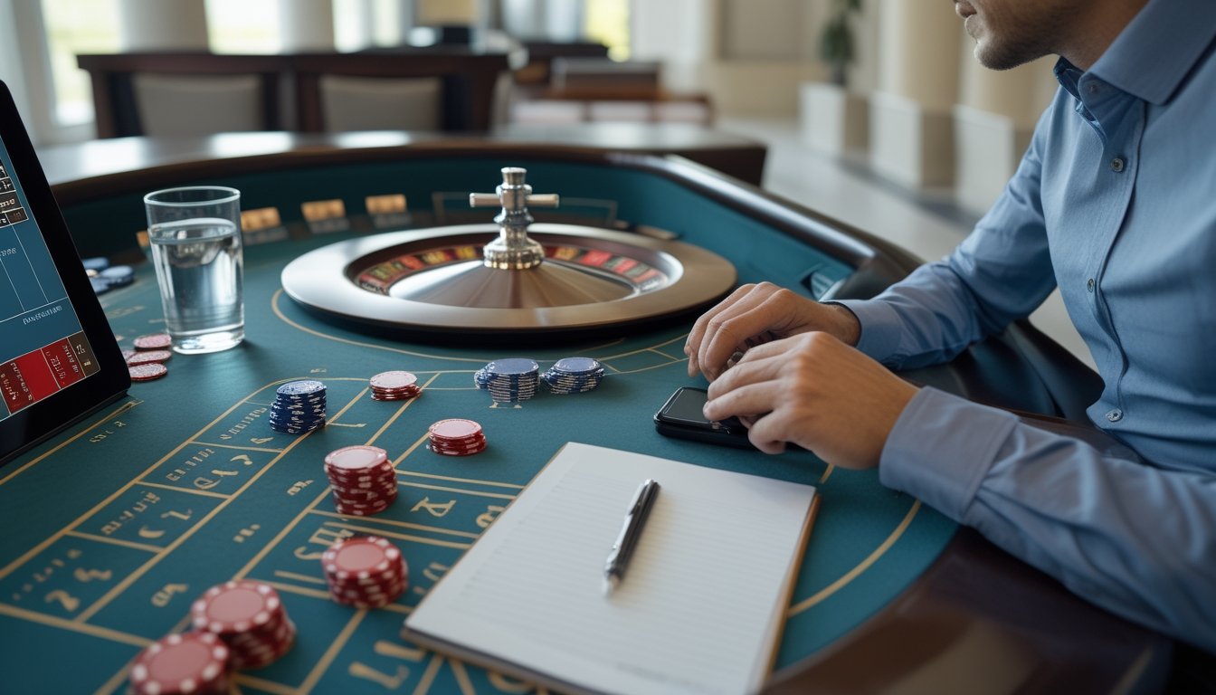 Seorang pemain duduk di meja roulette dengan beberapa keping taruhan, ponsel, dan buku catatan di suasana kasino.