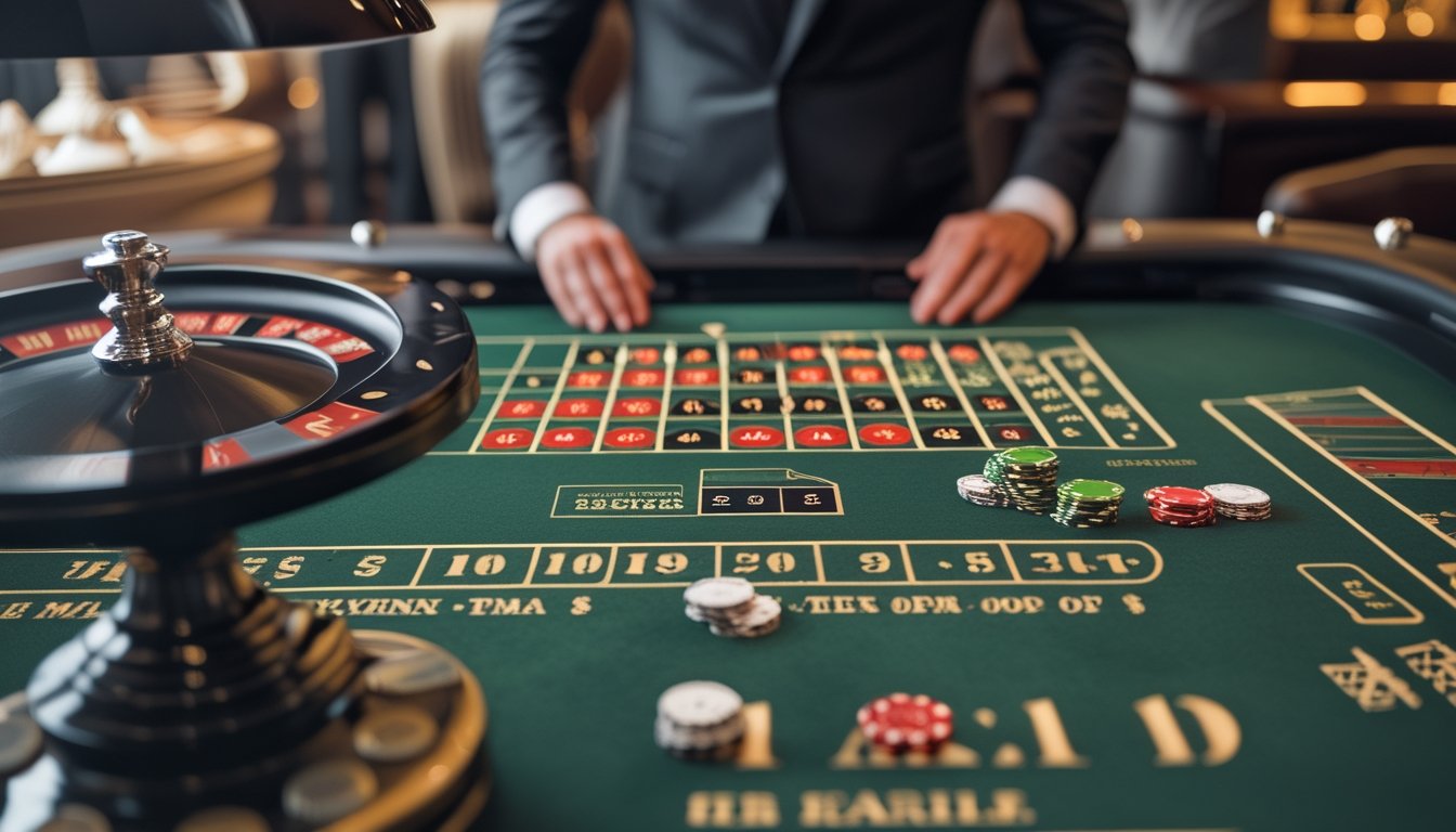 Pemain mengamati meja roulette dengan susunan chip kecil dan perlengkapan anggaran secara hati-hati.